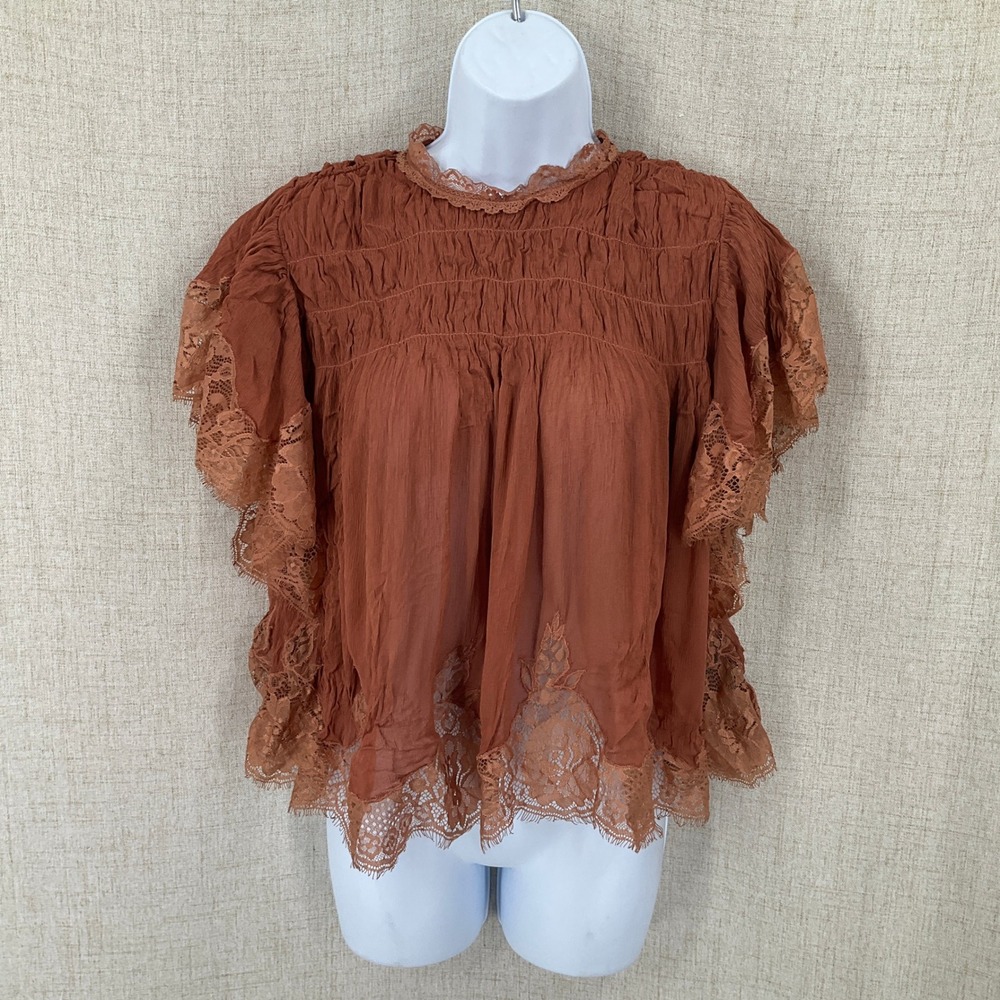 Zara Blouse Womens M Rust Orange Lace Trim Smocked Boho Victorian Ethereal Fairy